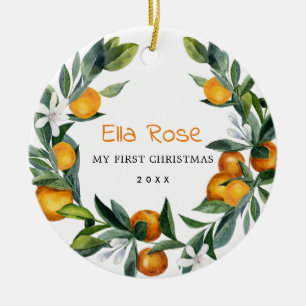 Citrus Orange Greenery Wreath Baby 1st Christmas Ceramic Tree Decoration