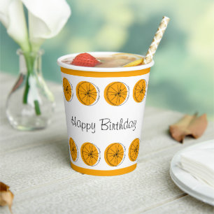 Citrus Orange Line Happy Birthday Paper Cups