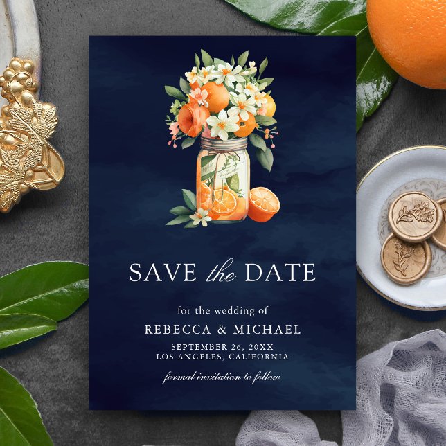 Citrus Orange Navy Blue Mason Jar Photo Wedding Save The Date (Creator Uploaded)