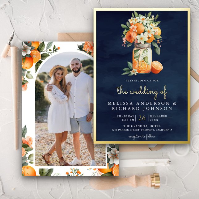 Citrus Orange Navy Blue Mason Jar Wedding Gold (Creator Uploaded)