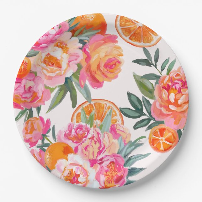 Citrus Orange & Pink Floral Bold Bridal Shower  Paper Plate (Front)