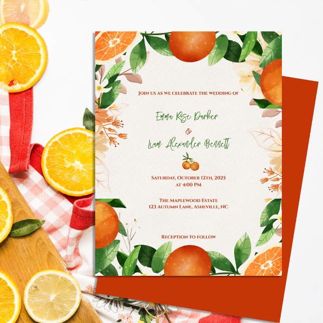 Citrus Orange Rustic Fall Wedding Invitation Postcard (Citrus Orange Rustic Fall Wedding Invitation Postcard)
