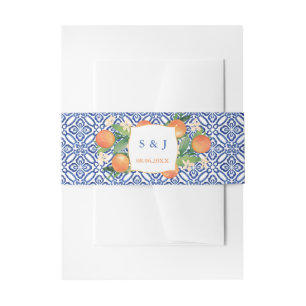 Citrus Orange Spanish Blue White Tiles Wedding Invitation Belly Band