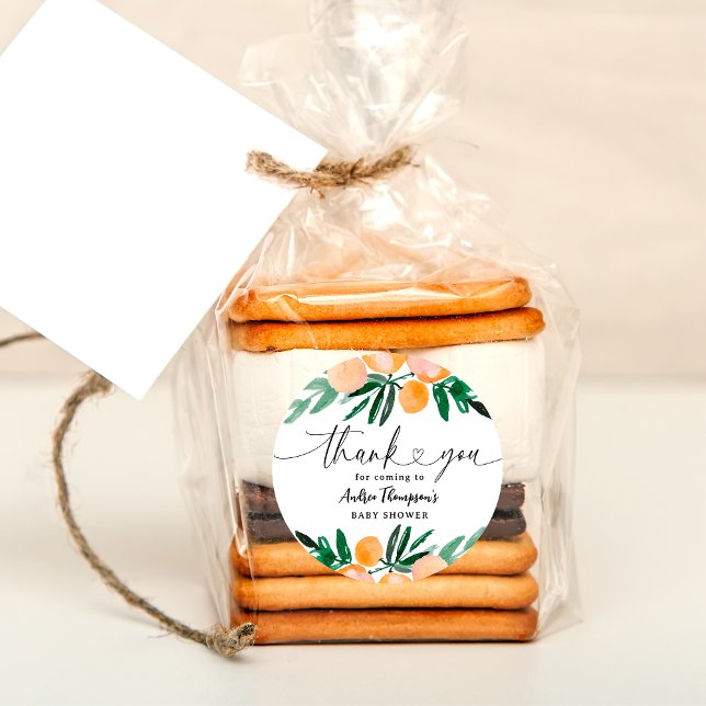 Citrus Orange Thank You Baby Shower Classic Round Sticker (Creator Uploaded)