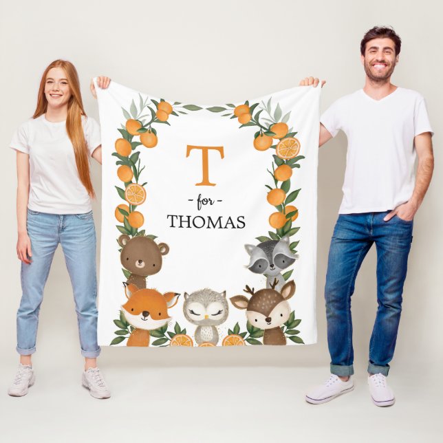 Citrus Orange Woodland Greenery Animals Monogram Fleece Blanket (In Situ)