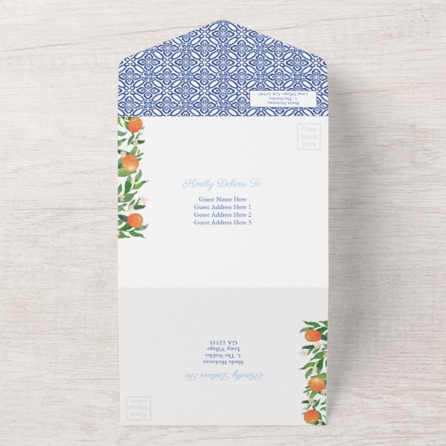 Citrus Oranges Antique Blue White Tiles Wedding Al All In One Invitation (Outside)