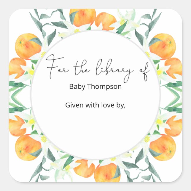 Citrus oranges - baby shower bookplate square sticker (Front)