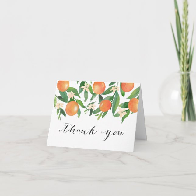 Citrus Oranges Black Calligraphy Bridal Shower Thank You Card (Front)