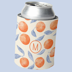 Citrus Oranges Monogram Initial Watercolor Pattern Can Cooler