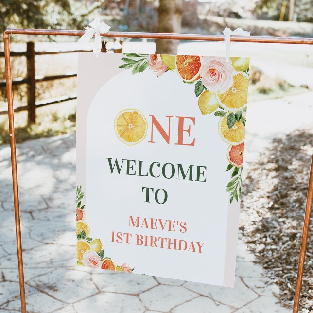 Citrus Our Main Squeeze 1st Birthday Welcome Sign (Citrus or our main squeeze is turning one 1st birthday welcome sign with arch, oranges and lemons.)