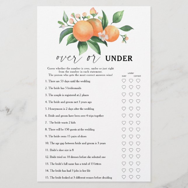 Citrus - Over or under bridal shower game (Front)