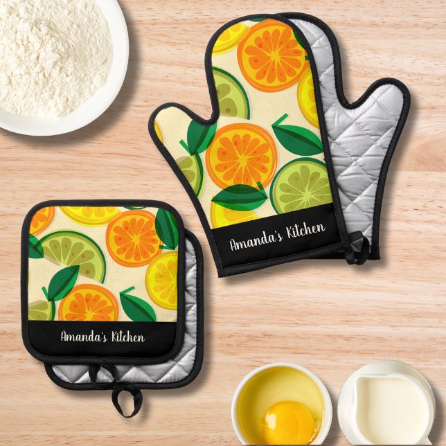 Citrus Pattern Green Orange Lemon Personalised   Oven Mitt & Pot Holder Set (Creator Uploaded)