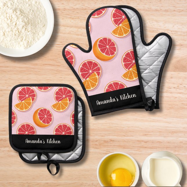 Citrus Pattern Orange Lemon Personalised Kitchen  Oven Mitt & Pot Holder Set (Creator Uploaded)