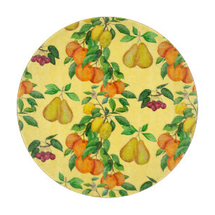 Citrus, pear, cherry: watercolor print. cutting board