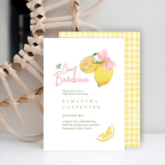 Citrus pink bow lemon baby shower invitation