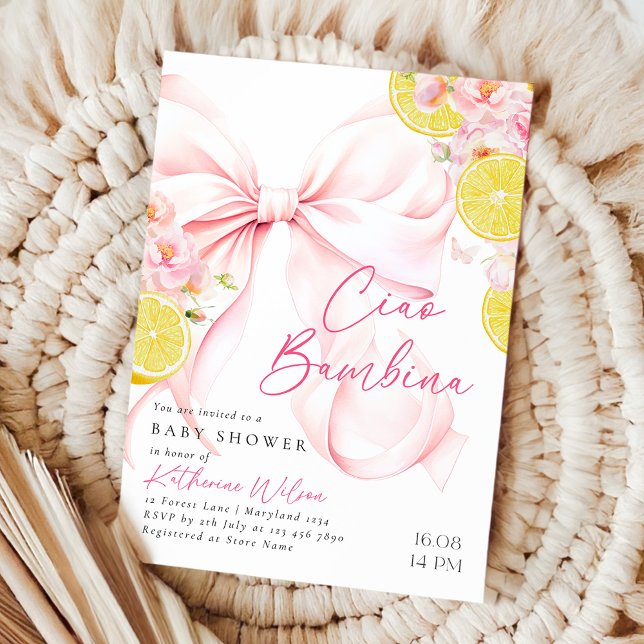 Citrus Pink Bow Lemon Baby Shower Invitation (Creator Uploaded)