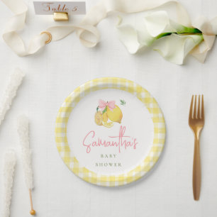 Citrus Pink bow yellow gingham Paper Plate
