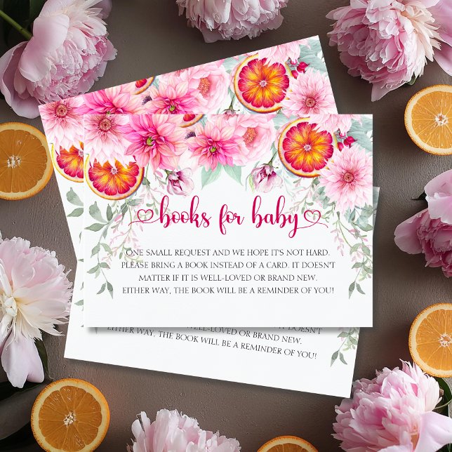 Citrus & Pink Flowers Baby Shower Books For Baby  Enclosure Card (Citrus & Pink Watercolor flowers baby shower books for baby enclosure cards)