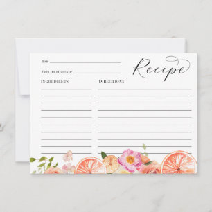 Citrus Pink Flowers Bridal Shower Recipe Card