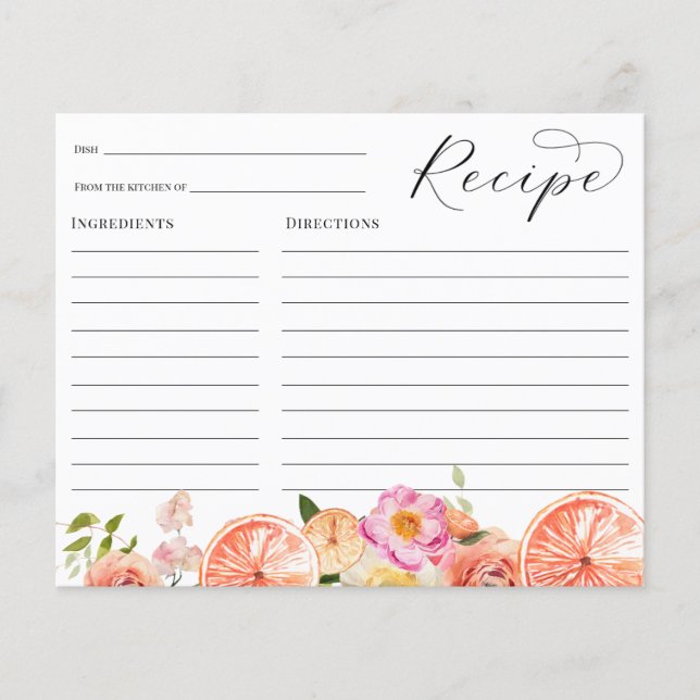 Citrus Pink Flowers Bridal Shower Recipe card (Front)
