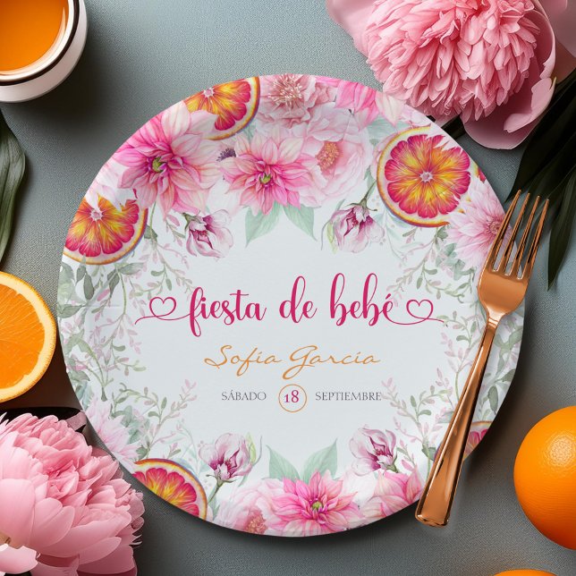 Citrus & Pink Flowers Fiesta Spanish Baby Shower Paper Plate (Citrus & Pink Watercolor Flowers Baby Shower Paper Plates)