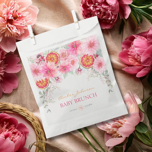 Citrus Pink Watercolor Flowers Baby Shower Favour Bags (Citrus and pink watercolor flowers baby shower favor bag, party favors, girl baby shower)