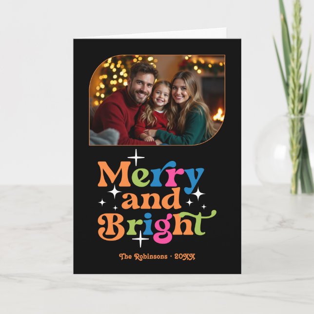 Citrus Pop Merry and Bright Retro Christmas Photo Holiday Card (Front)
