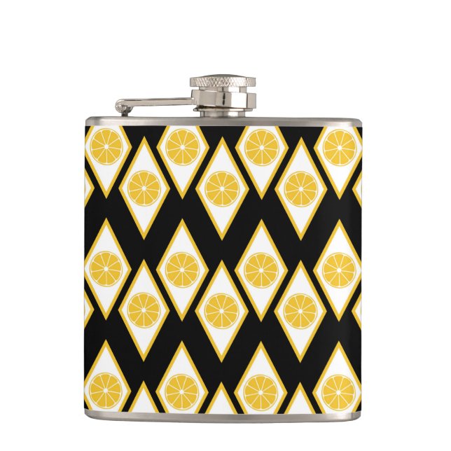 Citrus Slices in Modern Diamond Pattern Hip Flask (Front)