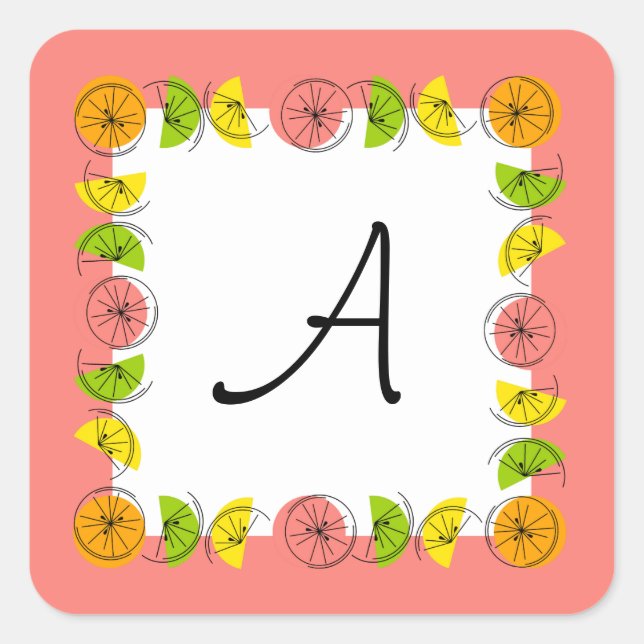 Citrus Square Pink Monogram sticker square (Front)