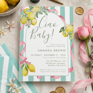 Citrus Summer Lemon Bow Itallian Ciao Baby Shower Invitation