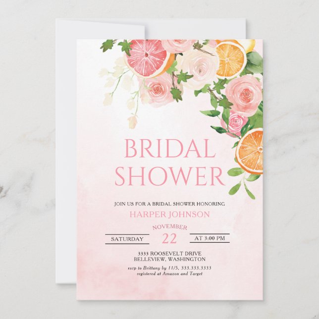 Citrus Theme Fruit Floral Bridal Shower Invitation (Front)