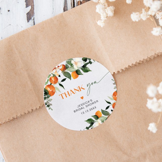 Citrus theme oranges foliage bridal thank you classic round sticker (Creator Uploaded)