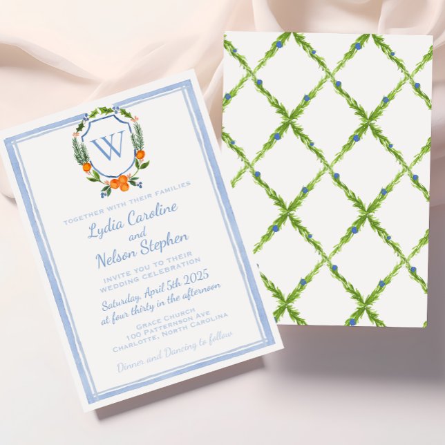 Citrus Watercolor Crest, Chinoiserie Wedding Invitation (Creator Uploaded)