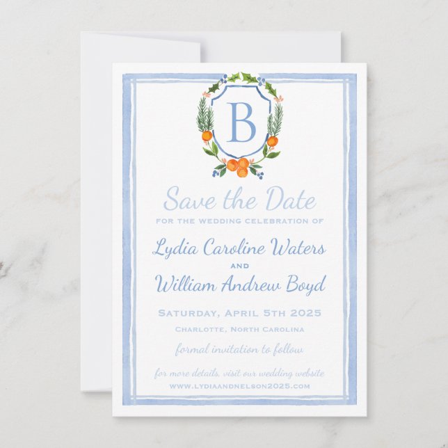 Citrus Watercolor Crest, Chinoiserie Wedding Save The Date (Front)
