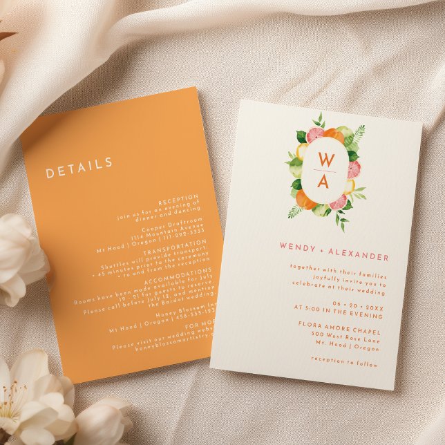 Citrus Watercolor Monogram Crest Wedding Details Invitation (Creator Uploaded)
