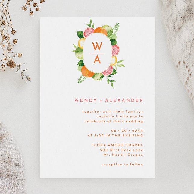 Citrus Watercolor Monogram Crest Wedding Invitation (Creator Uploaded)