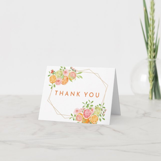 Citrus Watercolor Wedding Photo Folded Thank You Card (Front)