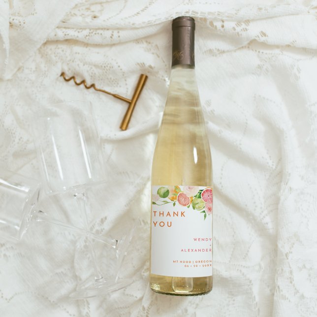 Citrus Watercolor Wedding Thank You Wine Label (Creator Uploaded)