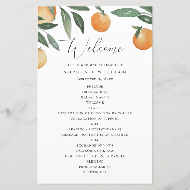 Citrus Wedding Program | Watercolor Garden Orange (Front)