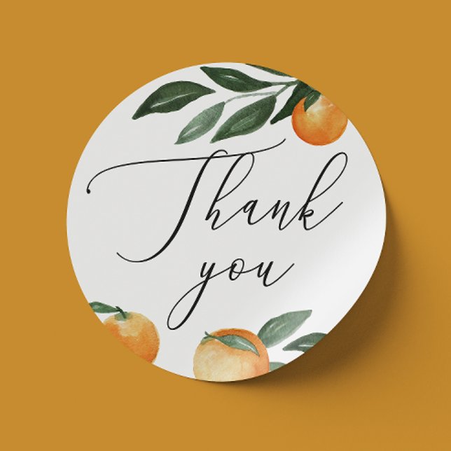 Citrus Wedding Thank You | Elegant Script Orange Classic Round Sticker (Creator Uploaded)