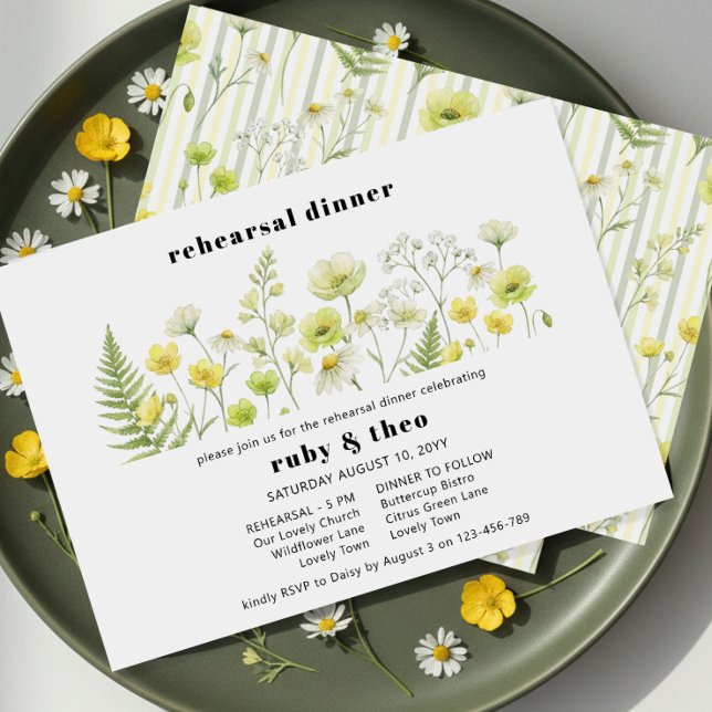 Citrus Wildflower Ghost Stripe Wedding Rehearsal Invitation (Rehearsal Dinner Invitation - from Citrus Green Wildflower wedding collection by Darling & May)