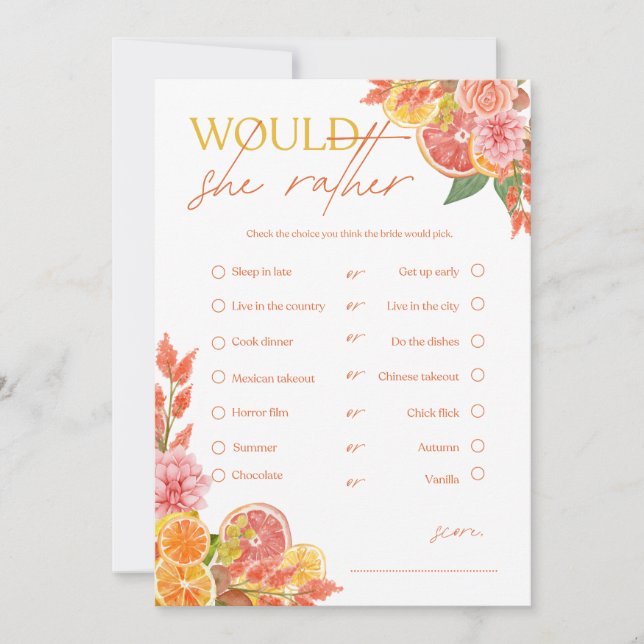 Citrus Would She Rather Bridal Shower Game  Invitation (Front)
