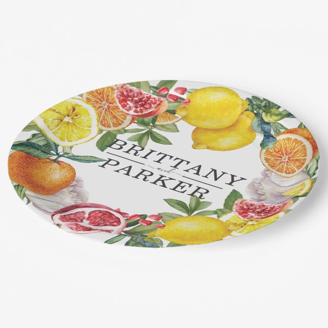 Citrus Wreath Botanical Wedding Paper Plate (Angled)