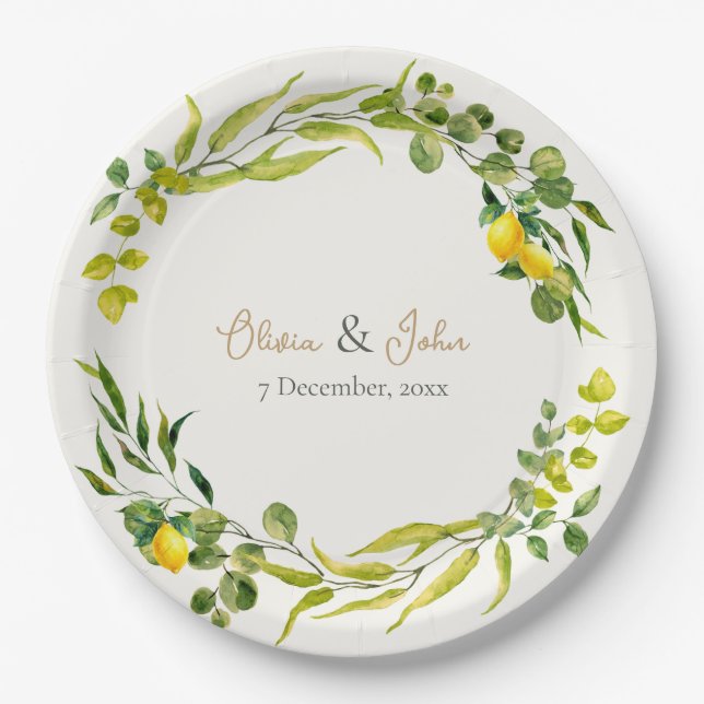 Citrus Yellow and Green Watercolor Lemon Wedding Paper Plate (Front)