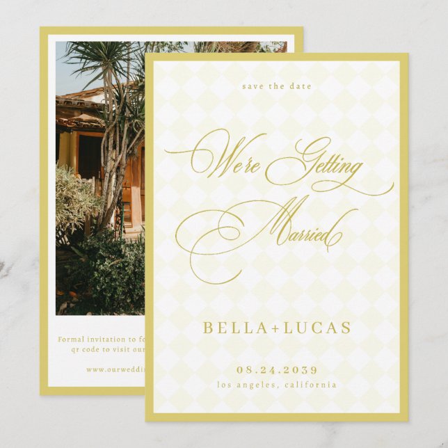 Citrus Yellow Check Spring Summer Beach Wedding Save The Date (Front/Back)