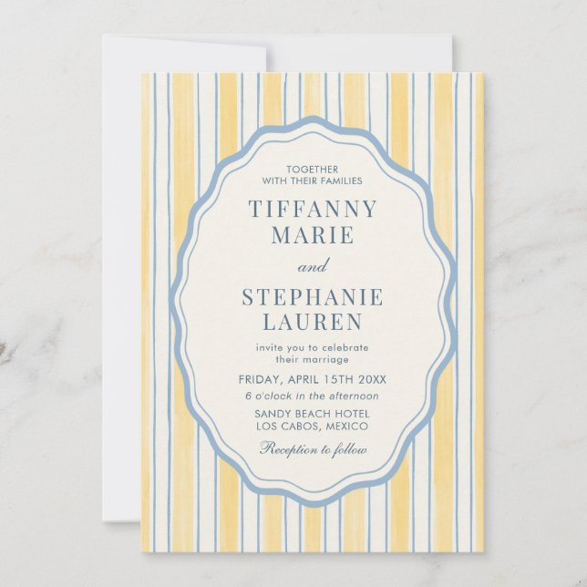 Citrus Yellow Elegant Modern Stripe Wedding Invitation (Front)