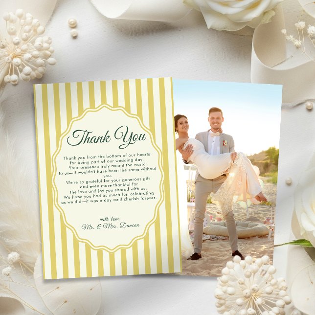 Citrus Yellow Green Elegant Modern Stripe Wedding Thank You Card (Creator Uploaded)