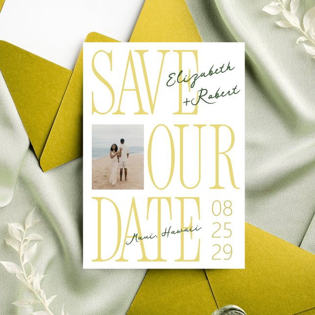 Citrus Yellow & Green Typography Stylish Wedding Save The Date (Creator Uploaded)