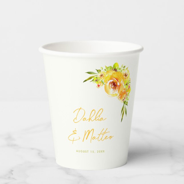 Citrus Yellow Green Watercolor Floral Wedding Paper Cups (Front)