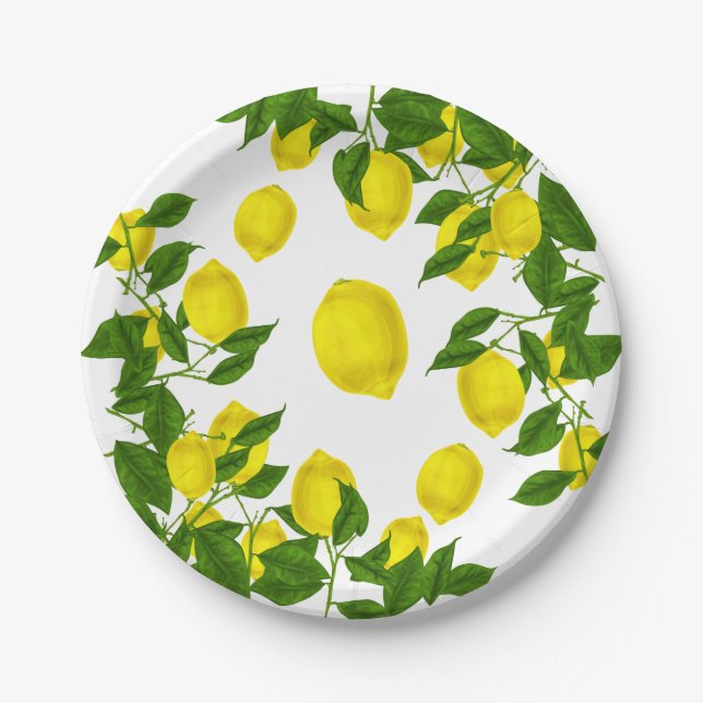Citrus Yellow Lemon Green Leaves Wedding Party Paper Plate (Front)